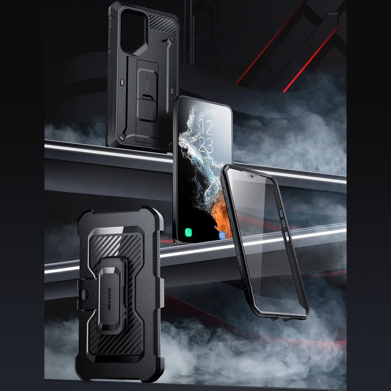Etui pancerne z osłoną na ekran, z wbudowaną podstawką i kaburą z klipsem obrotowym Supcase Unicorn Beetle Pro do Galaxy S22 Ultra